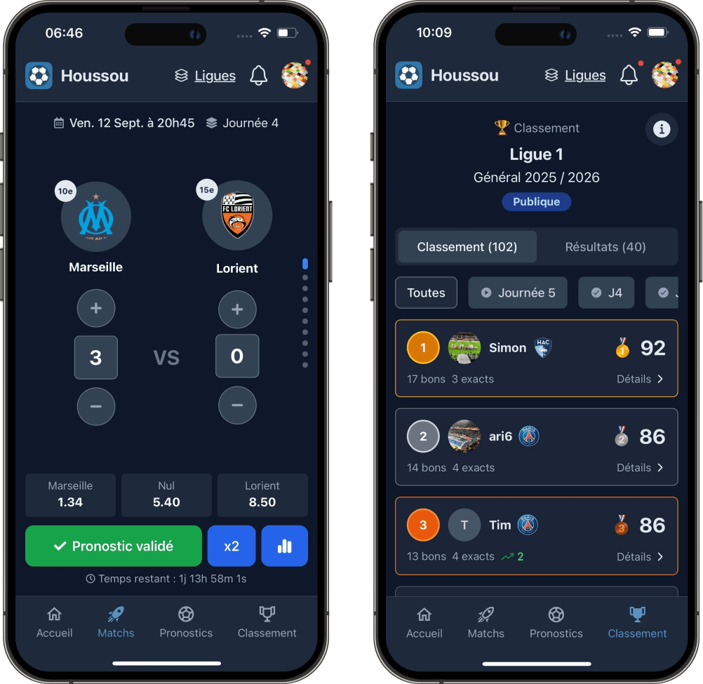 Aperçu de l'application Houssou : écran de pronostic et classement de ligue